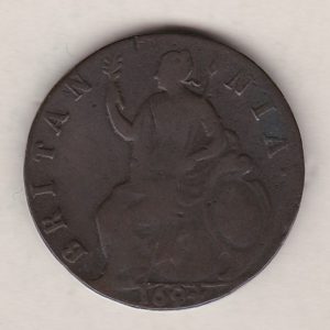 1694 copper halfpenny coin featuring King William III & Queen Mary facing right on the Obverse. Britannia seated facing left on the Reverse. 