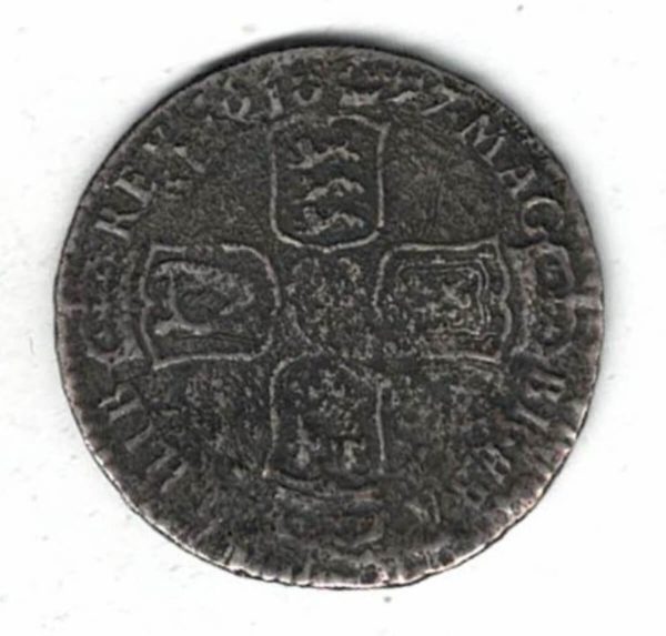 1697 B Silver Halfcrown - With King William III on the Obverse. Crowned cruciform shields around central Nassau lion on the Reverse.