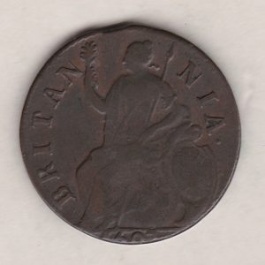 1697 copper halfpenny coin featuring King William III facing right on the Obverse. Britannia seated facing left on the Reverse. 