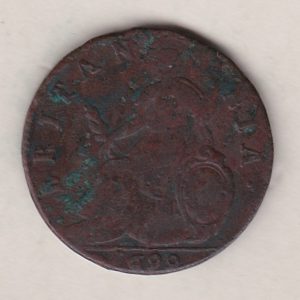 1699 copper halfpenny coin featuring King William III facing right on the Obverse. Britannia seated facing left on the Reverse. 