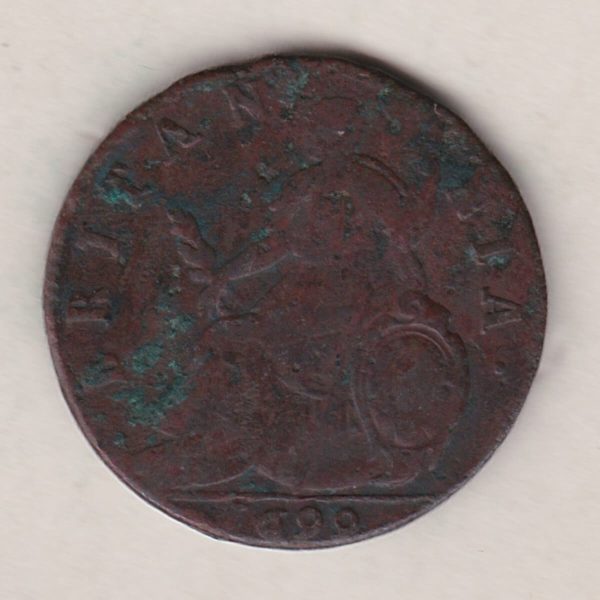 1699 copper halfpenny coin featuring King William III facing right on the Obverse. Britannia seated facing left on the Reverse. 