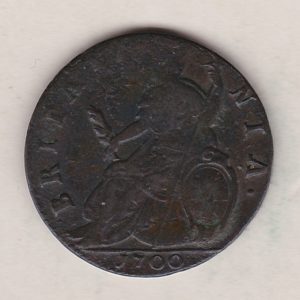1700 copper halfpenny coin featuring King William III facing right on the Obverse. Britannia seated facing left on the Reverse. 