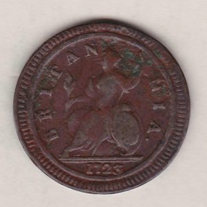 1723 copper halfpenny coin featuring King George I on the Obverse. Britannia seated facing left holding a trident on the Reverse. 