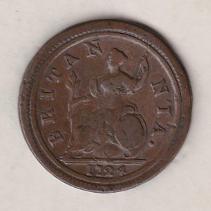 1724 copper halfpenny coin featuring King George I on the Obverse. Britannia seated facing left holding a trident on the Reverse. 