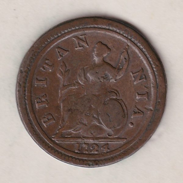 1724 copper halfpenny coin featuring King George I on the Obverse. Britannia seated facing left holding a trident on the Reverse. 