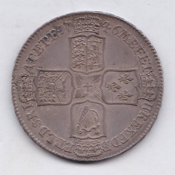 1746 Lima Silver Halfcrown coin with King George II on the Obverse. Crowned cruciform shields with central Garter stars on the Reverse.