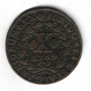 1765 Portugal Copper Ten Reis Coin. The obverse features a crowned arms in baroque frame. All coins are in stock for dispatch.
