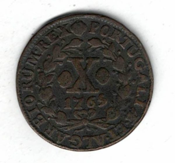 1765 Portugal Copper Ten Reis Coin. The obverse features a crowned arms in baroque frame. All coins are in stock for dispatch.