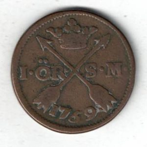 1769 Sweden Copper One Ore Coin. The obverse side of this coin features the crowned monogram of king Adolf Fredrick. All coins are in stock.