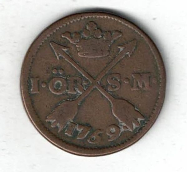1769 Sweden Copper One Ore Coin. The obverse side of this coin features the crowned monogram of king Adolf Fredrick. All coins are in stock.