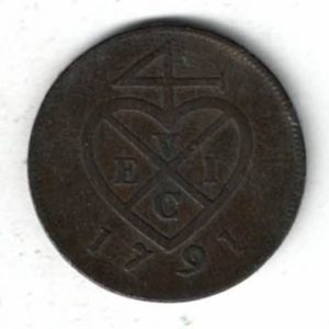 1791 India Bombay Copper One Pice Coin. The obverse side of this coin features United east India company bale mark with date.