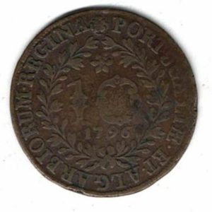1796 Portugal Azores Copper Ten Reis Coin. The obverse features a features a crowned arms. The reverse features value in wreath with legend. 