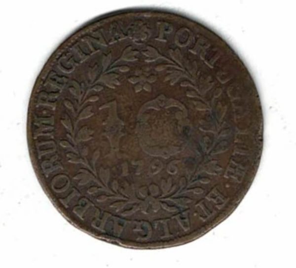 1796 Portugal Azores Copper Ten Reis Coin. The obverse features a features a crowned arms. The reverse features value in wreath with legend. 
