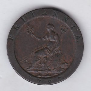 1797 Copper Cartwheel Penny coin featuring the portrait of King George III on the Obverse. The coin depicts Britannia seated to the left on the Reverse.