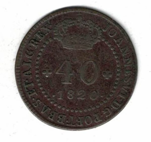 1820 Mozambique Copper Forty Reis Coin. The obverse features a crown divides with beaded circle with value and date within.