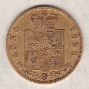 1823 Gold Half Sovereign Coin featuring King George IIII on the Obverse. The reverse features a plain crowned shield of arms.