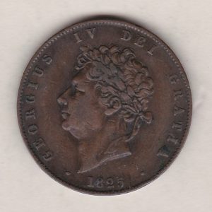 1825 copper halfpenny coin featuring King George IV on the Obverse. Britannia seated facing right holding a trident on the Reverse. 