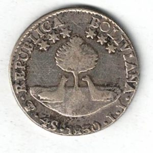 1830 Bolivia Silver Four Soles Coin. The obverse features the two Llamas beneath tree with nine stars. All coins are in stock.