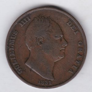1831 copper penny coin featuring the uncrowned portrait of King William IV on the Obverse. The coin depicts Britannia seated to the right on the Reverse.