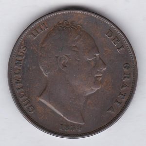 1834 copper penny coin featuring the uncrowned portrait of King William IV on the Obverse. The coin depicts Britannia seated to the right on the Reverse.