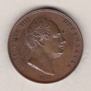 1837 copper halfpenny coin featuring King William IV on the Obverse. Britannia seated facing right holding a trident on the Reverse. 