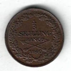 1840 Sweden Copper One Third Skilling. The obverse side of this coin features the crowned monogram with the three crowns of Sweden.