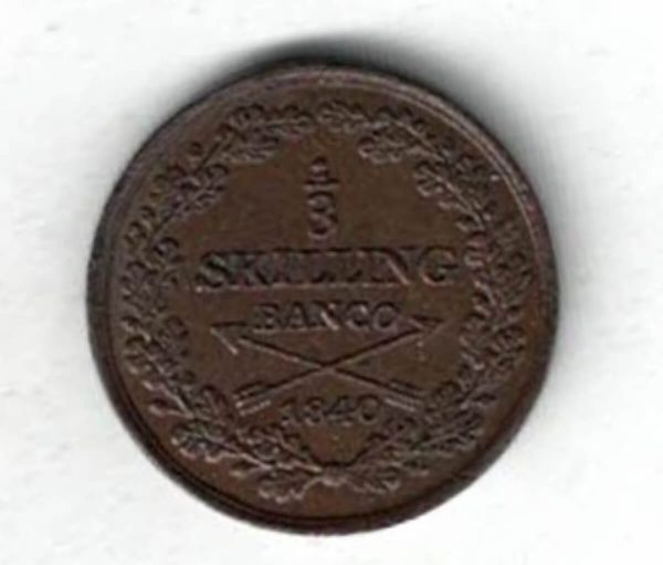 1840 Sweden Copper One Third Skilling. The obverse side of this coin features the crowned monogram with the three crowns of Sweden.