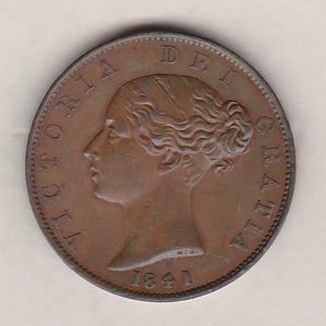 1841 copper halfpenny coin featuring young head Queen Victoria on the Obverse. Britannia seated facing right holding a trident on the Reverse. 