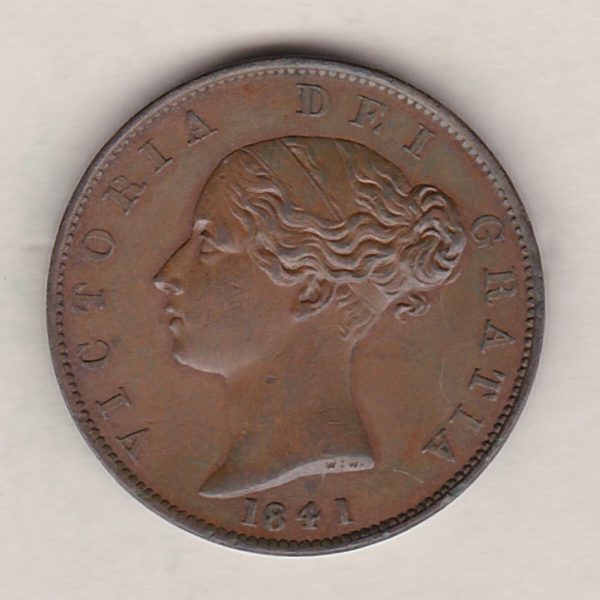 1841 copper halfpenny coin featuring young head Queen Victoria on the Obverse. Britannia seated facing right holding a trident on the Reverse. 