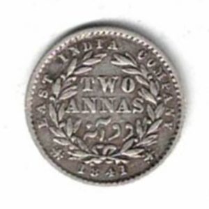 1841 India Silver Two Annas Coin. The obverse side of this coin features the portrait of Queen Victoria facing left. All coins are in stock.