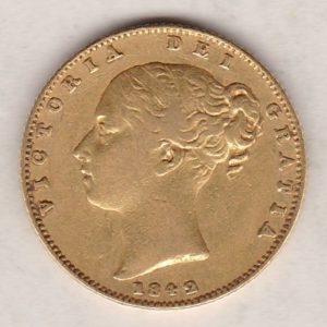 1842 Gold Sovereign Coin. The coin features a young head queen Victoria on the Obverse and the collectable shield design on the Reverse.