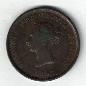 1843 Canada Copper One Penny Coin. The obverse side of the coin features Queen Victoria facing left. All coins are in stock.
