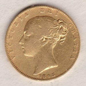 1843 Gold Sovereign Coin. The coin features a young head queen Victoria on the Obverse and the collectable shield design on the Reverse.