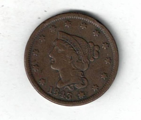 1843 USA Copper Liberty Head One Cent Coin. The Obverse features the liberty head facing left. The reverse features the value within wreath.