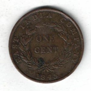 1845 Straits Settlements Copper One Cent Coin The obverse features the bust of Queen Victoria facing left. All coins are in stock.