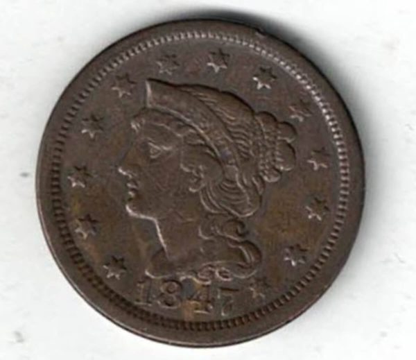 1847 USA Copper Liberty Head One Cent Coin. The Obverse features the liberty head facing left. The reverse features the value within wreath.