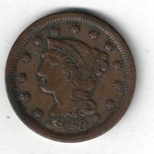 1848 USA Copper Liberty Head One Cent Coin. The Obverse features the liberty head facing left. The reverse features the value within wreath.