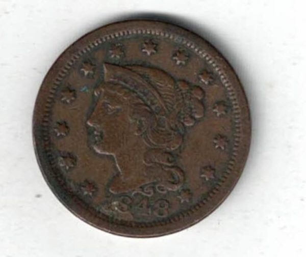 1848 USA Copper Liberty Head One Cent Coin. The Obverse features the liberty head facing left. The reverse features the value within wreath.