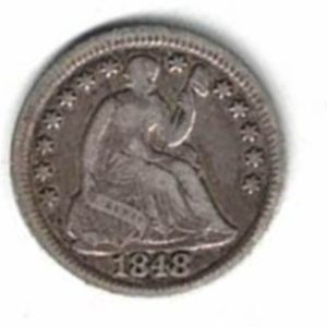 1848 USA Seated Liberty Silver Half Dime Coin . The Obverse features seated liberty head facing right. The reverse features the value within wreath.