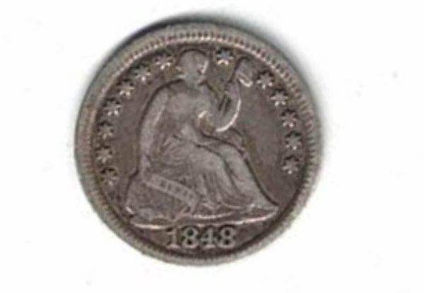 1848 USA Seated Liberty Silver Half Dime Coin . The Obverse features seated liberty head facing right. The reverse features the value within wreath.