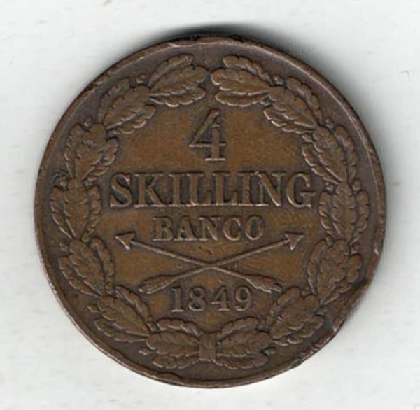 1849 Sweden Copper Four Skilling Coin. The obverse side of this coin features the head of king Oscar I facing right. All coins are in stock.