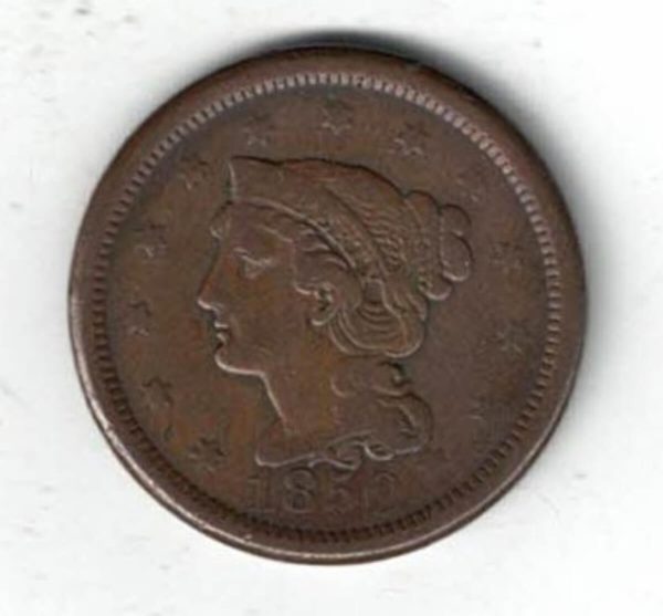 1850 USA Copper Liberty Head One Cent Coin. The Obverse features the liberty head facing left. The reverse features the value within wreath.