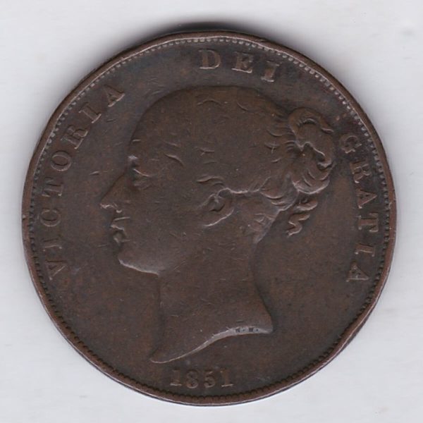 1851 copper penny coin featuring the young head portrait of Queen Victoria on the Obverse. The coin depicts Britannia seated to the right on the Reverse.