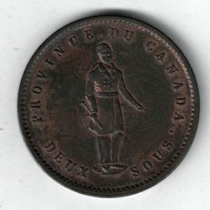 1852 Lower Canada Copper One Penny Coin. The obverse side of the coin features a habitant standing in traditional winter costume.