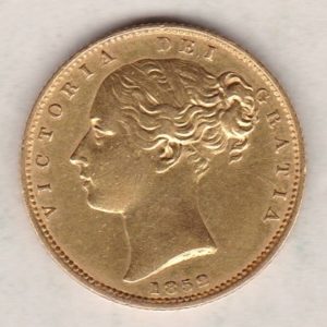 1852 Gold Sovereign Coin. The coin features a young head queen Victoria on the Obverse and the collectable shield design on the Reverse.