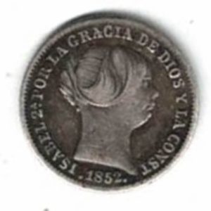 1852 Spain Silver One Real Coin. The obverse features the bust of Queen Elizabeth II. The reverse features the crowned coat of arms of Spain.