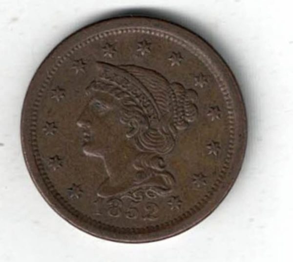 1852 USA Copper Liberty Head One Cent Coin. The Obverse features the liberty head facing left. The reverse features the value within wreath.