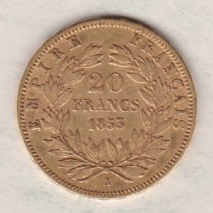 1853 A France Gold Twenty Francs coin featuring Napoleon III on the Obverse. The reverse has the denomination above the date within a wreath.