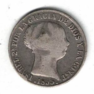 1853 Spain Silver Four Reales Coin. The obverse features the bust of Queen Elizabeth II. The reverse features the crowned coat of arms of Spain.