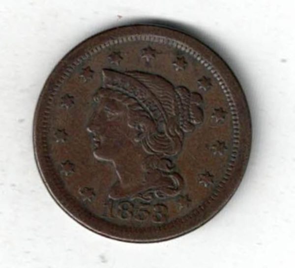 1853 USA Copper Liberty Head One Cent Coin. The Obverse features the liberty head facing left. The reverse features the value within wreath.